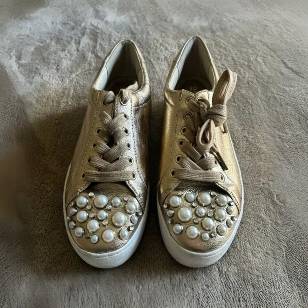 Michael Kors Gold Foil Sneakers 7.5 with Pearls and Rhinestones